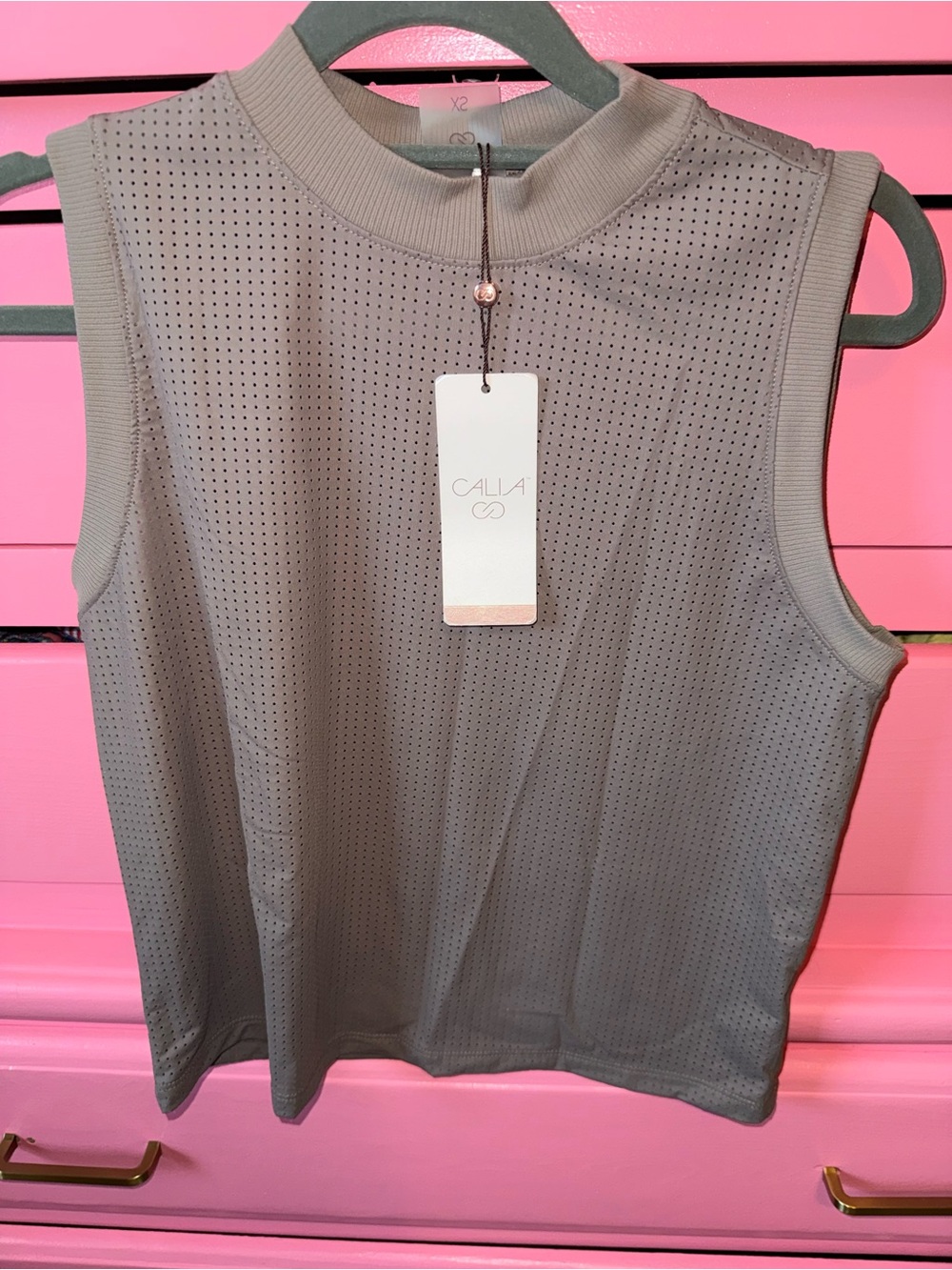 CALIA by Carrie Underwood Taupe Perforated Mock-Neck Tank